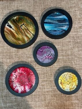 5pc Round Fluid Art Set - Framed Abstract Acrylic Pour Wall Decor 11" 9" 7"